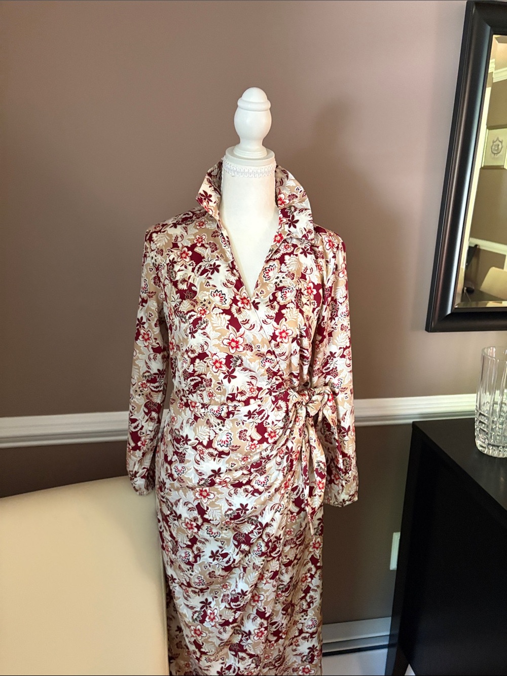 LOFT Floral Wrap Midi Dress in Cream and Burgundy